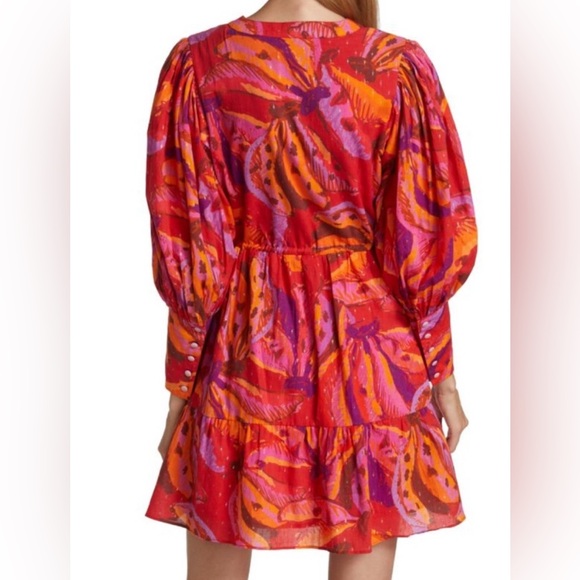 Farm Rio Long Sleeve Mini Dress Banana Juice Print Pink Beaded Drawstring Large - Picture 4 of 14